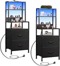 WLIVE Nightstand Set of 2 with Charging Station, LED Night Stand Sets with 2 Drawers and 4 Storage Open Shelves, Fabric Dressers for Bedroom, Black