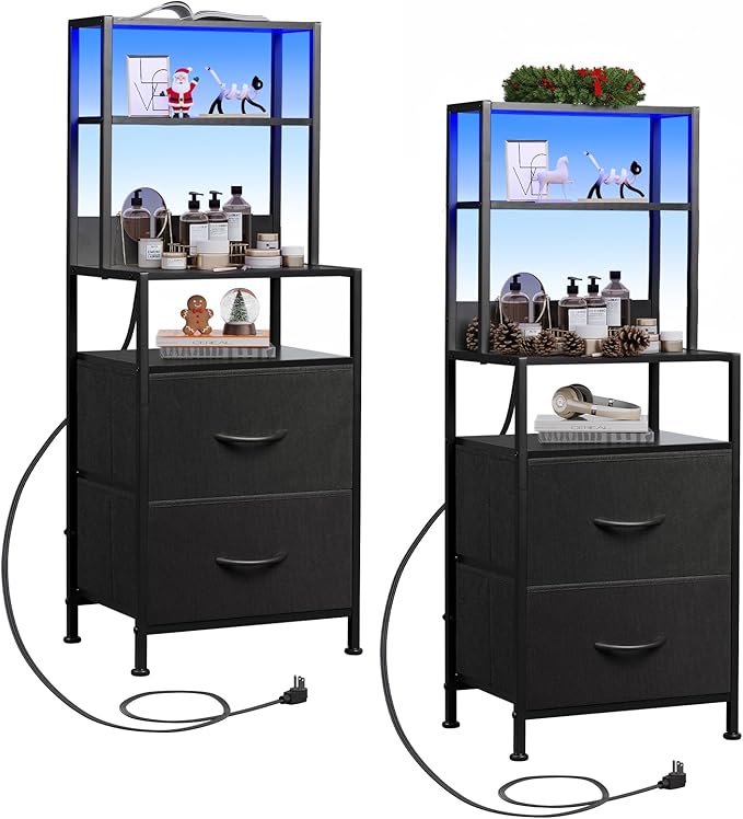 WLIVE Nightstand Set of 2 with Charging Station, LED Night Stand Sets with 2 Drawers and 4 Storage Open Shelves, Fabric Dressers for Bedroom, Black