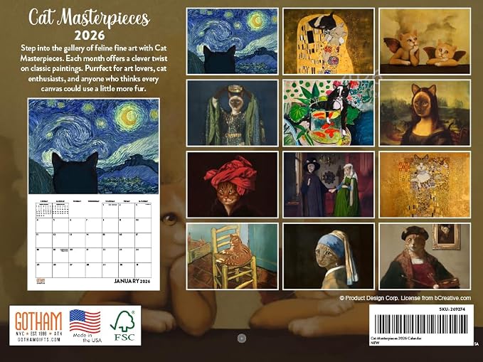 Art Masterpieces Cat Calendar 2026 Monthly Wall Calender 12 Month | American Made In The USA