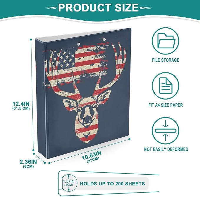 3 Ring Binder, Deer American Flag Print File Folder Holds 200 Sheets File Storage for Women Men School Office Supplie