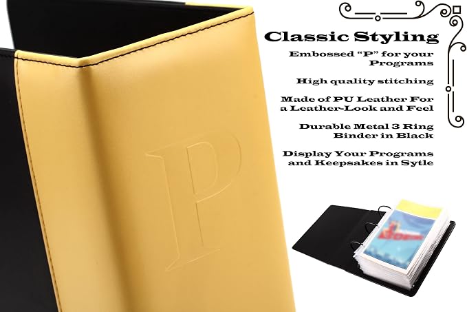 2Fold Binder for Holding Broadway Play Program and Theater Programs with 30 Custom Sheet Protectors - PU Leather - Fits Programs from Mid 1980s to Modern (Yellow/Black EmbossedP)