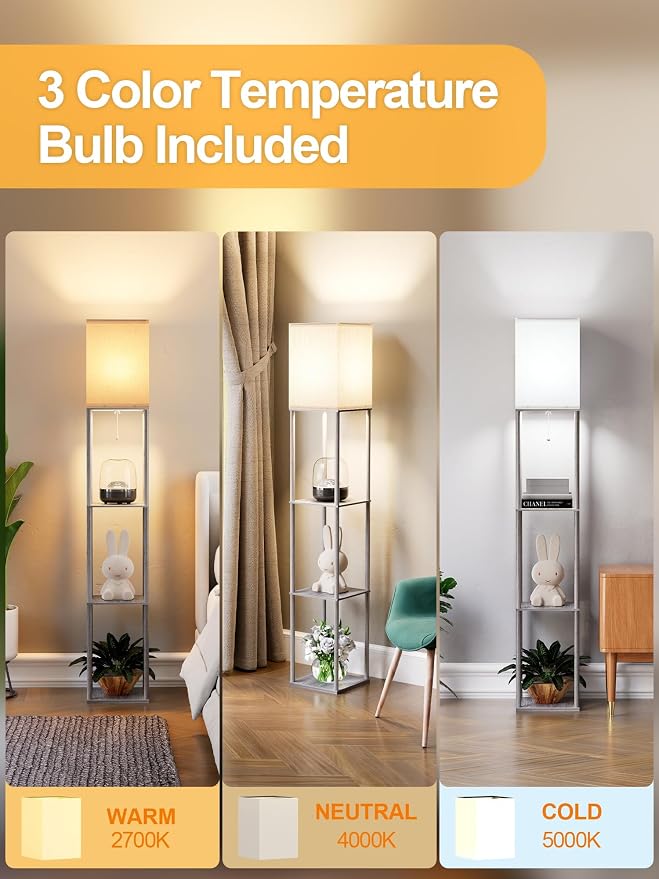 Floor Lamp with Shelves for Living Room, Shelf Floor Lamp with 3 CCT LED Bulb, Corner Display Standing Column Lamp Etagere Organizer Tower Nightstand with White Linen Shade for Bedroom, Dark Gray