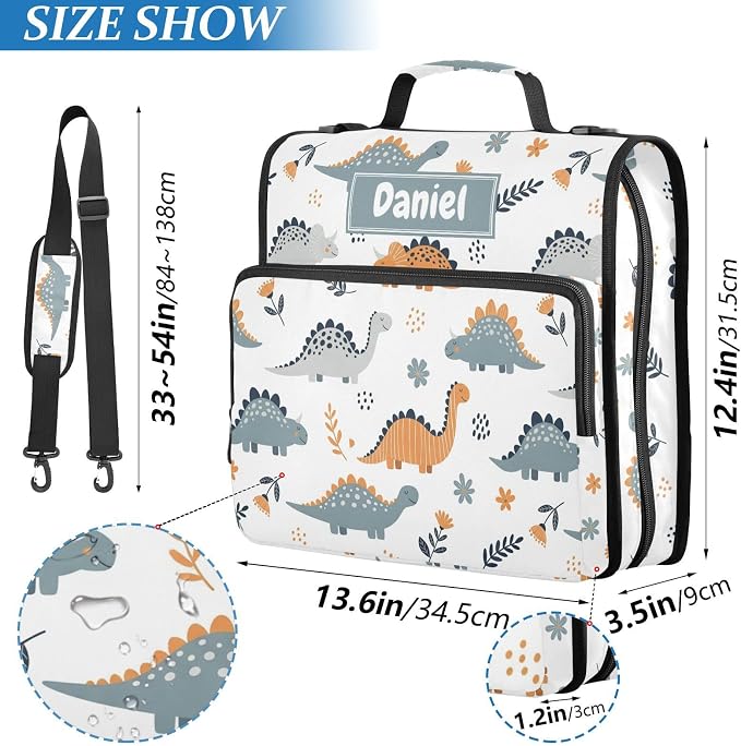 Custom Dinosaurs Flowers White Pattern 3 Ring Zipper Binder with Shoulder Strap & Handle 1.5 Inch D-Ring Zippered Bag with Multiple Pocket, Personalized Binder Organizer for School or Office