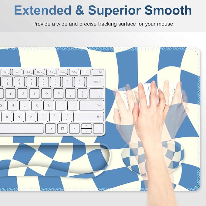 Desk Mat Pad, Gaming Mouse Pad Wrist Support Set, 4 in1 Non-Slip XXL Large Mousepad + Ergonomic Keyboard Wrist Rest+Mouse Wrist Rest+Coaster for Home Office Computer I Blue White Checker