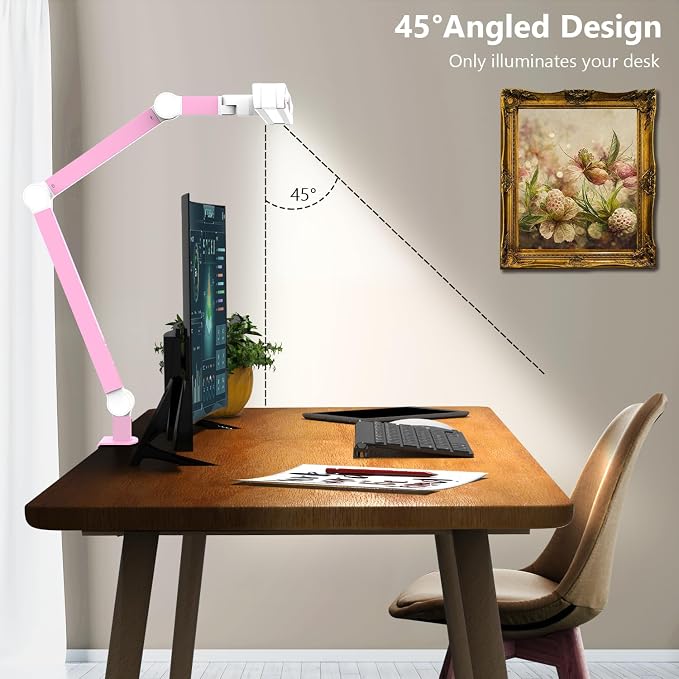Architect Desk Lamp for Home Office, Pink Desk Lamp with Clamp for Working, 24W Bright Rotatable Led Table Light Stepless Dimming Tempering Wide Computer Light for Crafting Puzzle Hobby