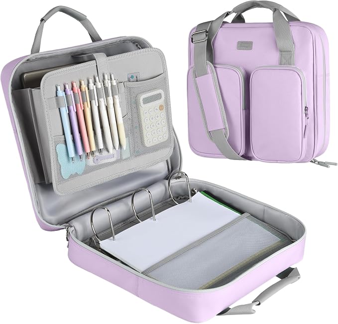 3 Inch Zipper Binder 3 Ring with Shoulder Strap & Multi-Pocket | Binder with Zipper Holds Up to 700 Sheets for Office School, Compatible with 13” MacBook Laptop ipad, Purple