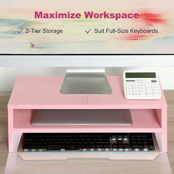 DS502P TEAMIX 20 inch Pink Monitor Riser Stand - 2 Tiers, Wood Desktop Bookshelf