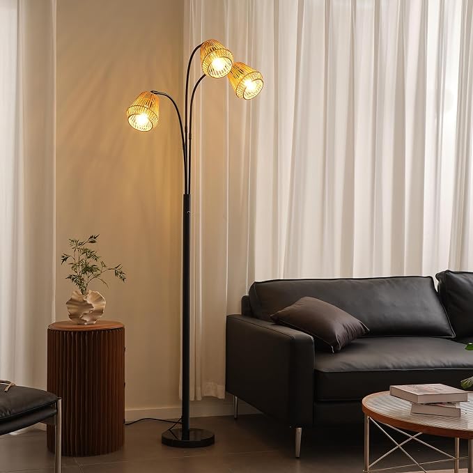 Rattan Floor Lamp for Living Room, 72'' 3-Light Boho Standing Lamp | Heavy Natural Marble Base, 1/2/3-Light Rotary Switch, Wicker Shades for Reading Corners Bedrooms