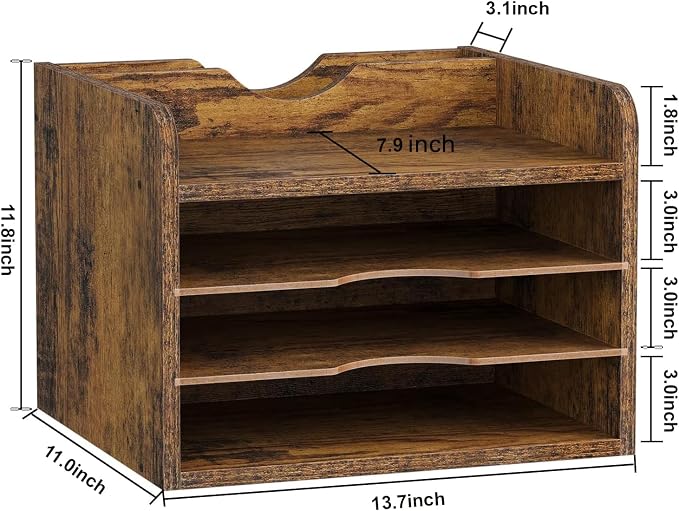 Snughome Vintage Wood File Organizer Desktop, 13.4’’ Document Letter Mail Tray Sorter with 3 Adjustable Shelves, Wooden Desktop Paper File Sorter Holder (Rustic Brown, 13.78’’L x 11.81’’W x 11.02’’H)