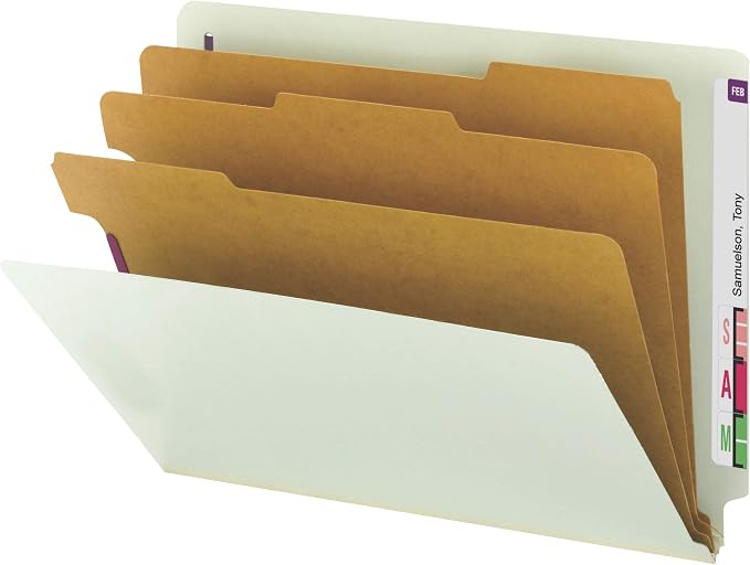 Smead 100% Recycled End Tab Pressboard Classification File Folder with SafeSHIELD Fasteners, 3 Dividers, 3" Expansion, Letter Size, Gray/Green, 10 per Box (26820)