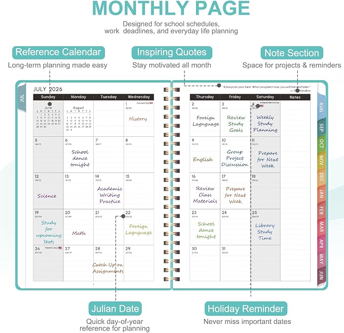 Planner 2026-2027, Academic Weekly and Monthly Calendar Planner, July 2026 - June 2027, Hardcover Spiral Agenda Book, School Supplies for Teacher Student - Letter Size(8.5" x 11")