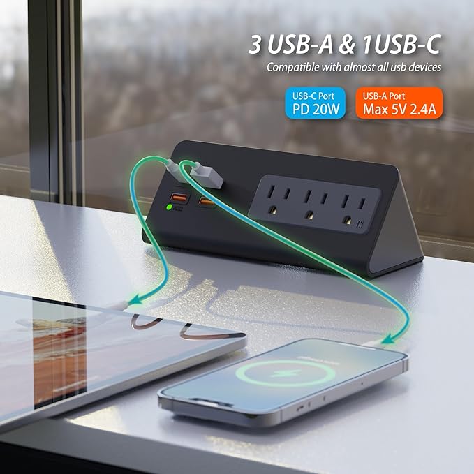 Upgraded,Desk Edge Clamp Mount Power Strips with USB Ports, PD20 W Fast Charging USB-C Port and 3 AC Outlets, Nightstand Charging Station,Office Tabletop Accessories,5.6 Ft Extension Cord