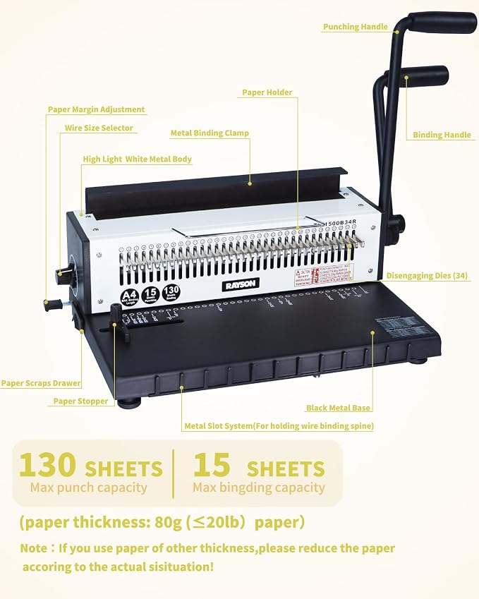RAYSON TD-1500B34R 3:1 Wire Binder, 15-Sheet Punch, 130-Sheet Capacity | Wire binding machine with 34 fully disengageable round-hole punch pins for custom hole patterns on A4 and Letter sheets.