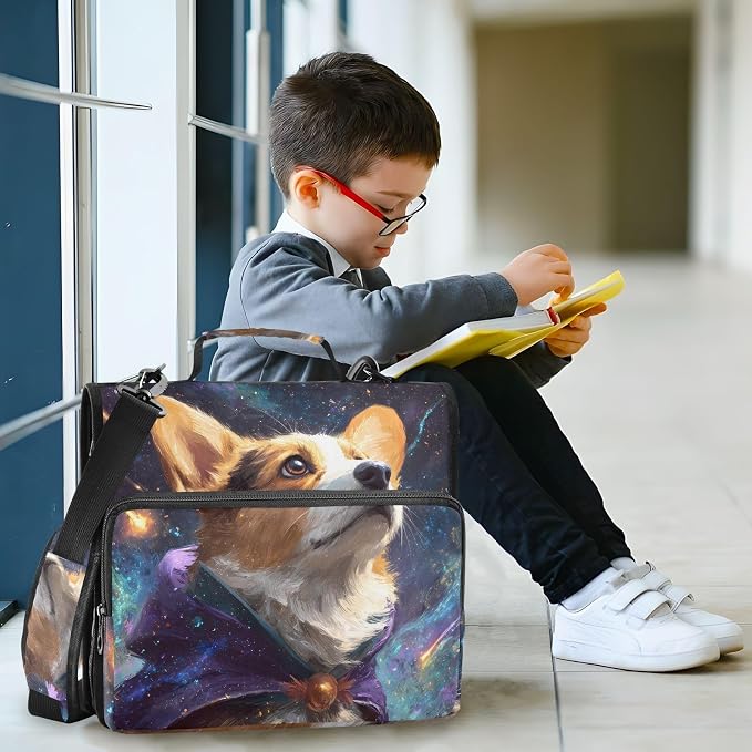 3 Ring Zipper Binder with Shoulder Strap Corgi Starry Sky Galaxy 2 Inch Zippered Binder Bag 500 Sheet Capacity Multi Pockets for School Supplies