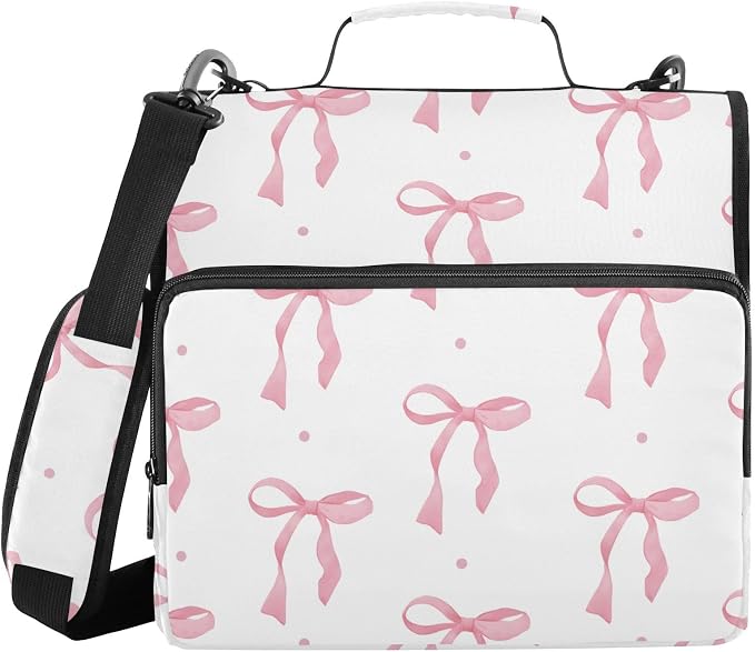Pink Bow 3 Ring Binder Bag 1.5 inch Binder Organizer with Zipper Shoulder Strap 500 Sheet Documents Storage for School Office