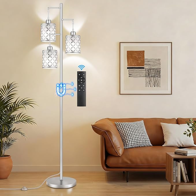 Dimmable Floor Lamp, Farmhouse Standing Lamp with Elegant Metal Cage, Industrial Tall Tree Floor Lamps for Living Room Bedroom Study Office with Remote & 3x 1100LM 12W LED Bulbs, 72" Silver