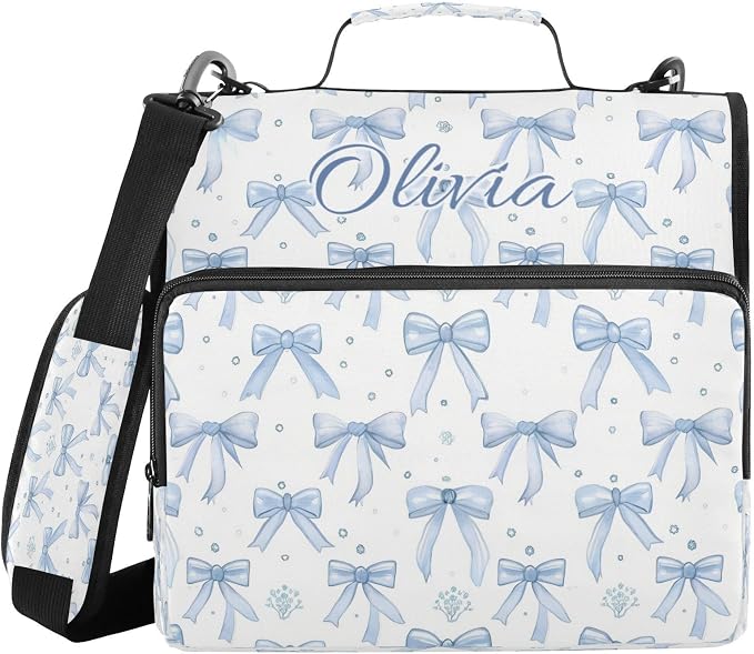 Personalized Blue Bow 1.5 Inch Zipper Binder with Name,3 Ring School Binder | Your selected font will be printed with a matching outline to complement the bow design.