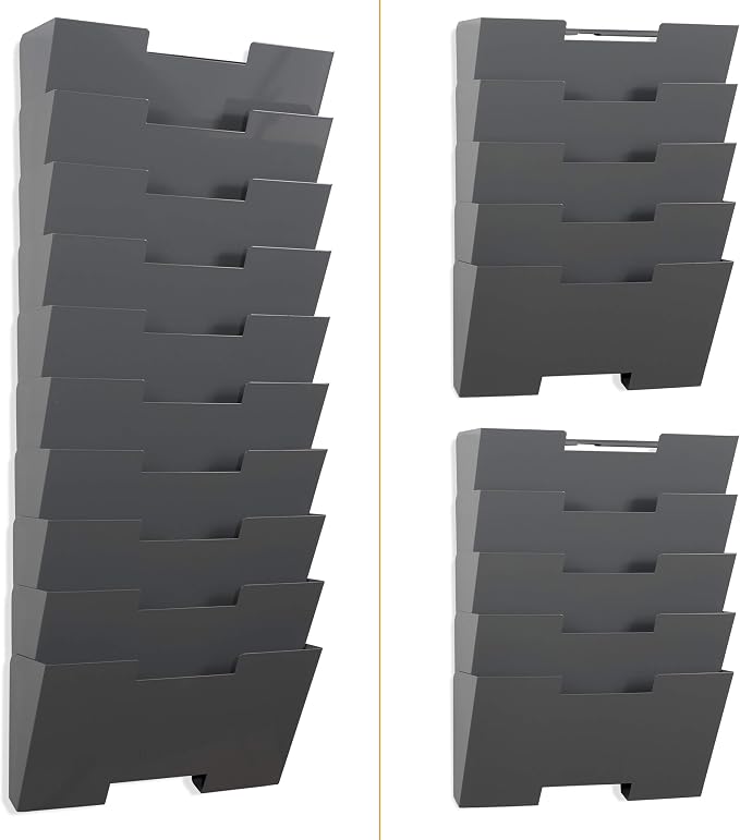 Gray Wall Mount Steel Vertical File Organizer Holder Rack 10 Sectional Modular Design Wider Than Letter Size 13 Inch Multi-Purpose Organize Display Magazines Sort Files and Folders