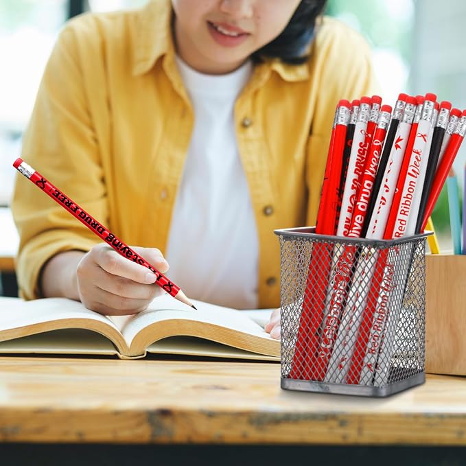 Tenceur 240 Pcs Red Ribbon Week Pencils Awareness Month Supplies 12 Designs Drug Free with Erasers for Teacher Office Volunteer Fundraising Charity Activity