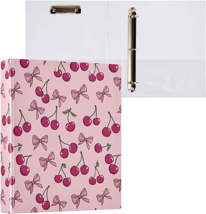 Bow Cherry Round Ring Binders 1.5 Inch Pink Bowknot Cute 3 Ring Clipboard Binder for Office School Work Supplies File Folder 200 Sheet Capacity Easy Open 2 Pieces