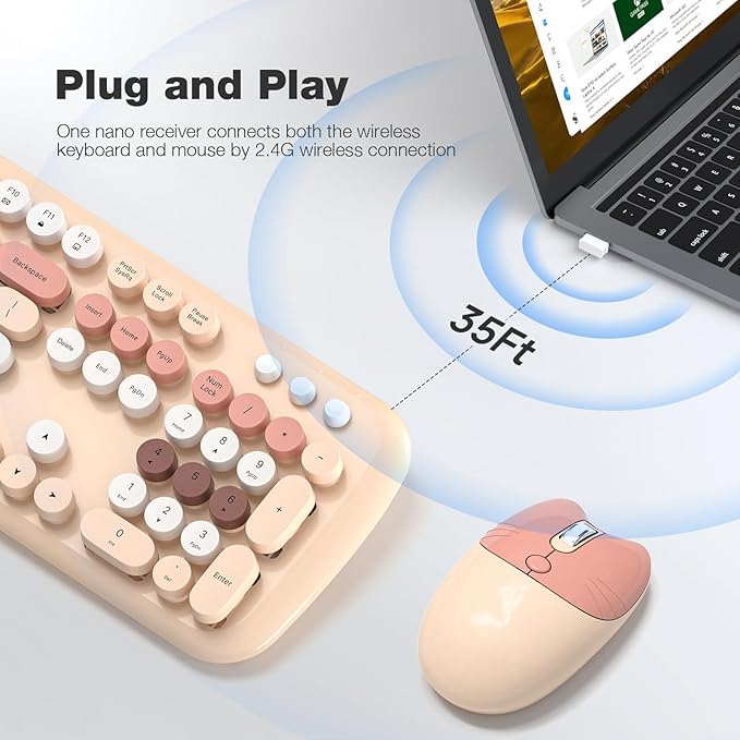 MOFII Wireless Keyboard and Mouse Combo, 2.4G Full-Size Retro Typewriter Computer Keyboard and 3 Level Adjustable Wireless Mouse for Windows, Mac OS Desktop/Laptop/PC-Milk Tea Colorful