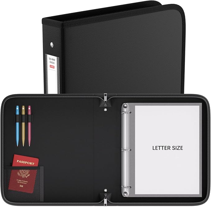 Fireproof 3 Ring Binder with Zipper, 1" D Rings Holds 245 Sheets | Fits Letter Size,Compatible with Clear Page Protectors,Built-in Net Pouch Pen Holder,Portable Safe Storage,1 Pack,Black