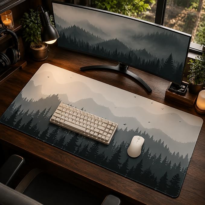 XXL Gaming Mouse Pad 35x17 Inch, Misty Forest Landscape Desk Mat Extended | Large Extended Mouse Pad with Non-Slip Rubber Base, Waterproof Keyboard Mat for Gaming, Office, Laptop & Desktop Setup