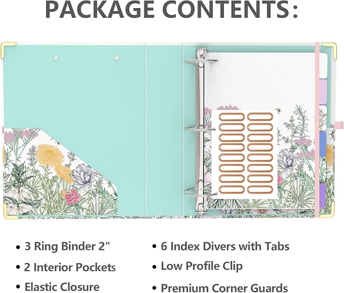 3 Ring Binder 2 Inch, Round Ring Binders with 6 Tab Dividers, 2 Interior Storage Pockets, Cute Low Profile Clipboard, Fashion School Office Supplies, Folders Organizer, Portfolio (Wild Flowers)