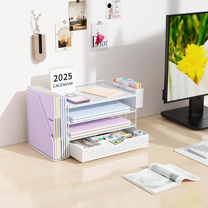 gianotter Wood Desk Organizers and Accessories with File Holder, 4-Tier Desk Accessories & Workspace Organizers with Drawer and Pen Holder, Desk Reference Organizer (White, 4T with Drawer)