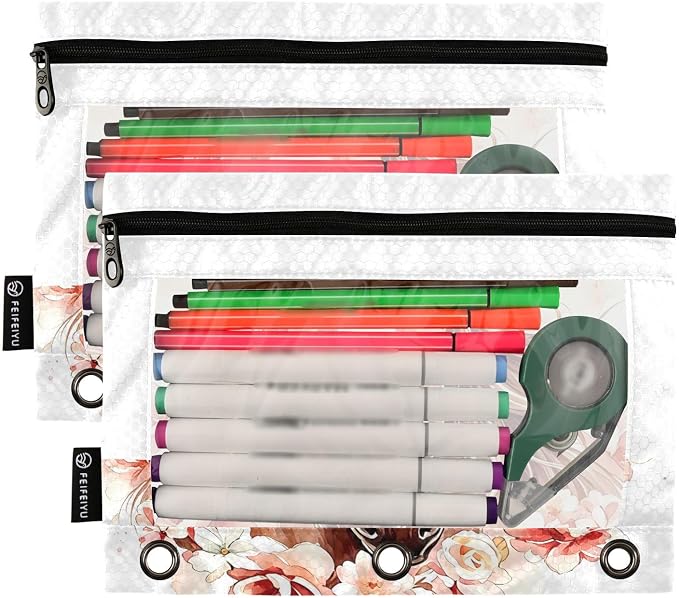 Custom Brown Horse Flower Pencil Pouch for 3 Ring Binder, 2 Pack Personalized Name Waterproof Pencil Bags Clear Window Pencil Case School Office Supplies