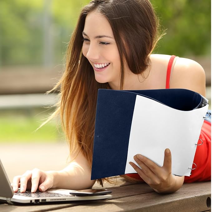 Teling 1 Pcs Leather 3 Ring Binder Holds 8.5 x 11 Inch Paper Binder Organizer Vintage Faux Leather Portfolio Folder Planner for Office Home Document Photo Diary Supplies (Navy Blue)
