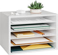 Ballucci 5 Tier Paper Organizer Letter Tray, Wood Desk File Organizer with Adjustable Shelves, Home Office School Letter/A4 Mail Sorter Magazine Holder - White