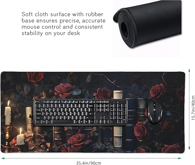 Aesthetic Book Gaming Mouse Pad, Black Red Dark Romanticism Desk Mat with Anti-Slip Base & Stitched Edges,35.4" x 15.7" in Desk Accessories for Women, Home Office Decor & Artistic Gift