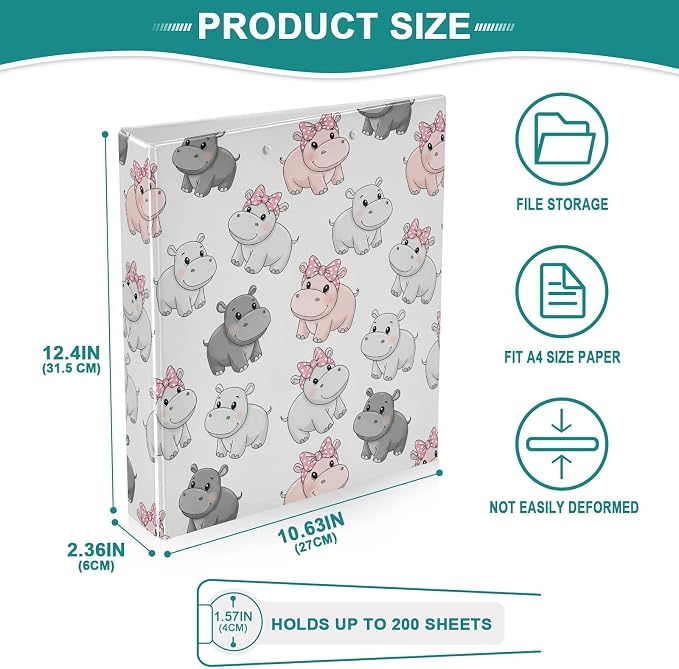 3 Ring Binder 1.5 Inch Hippo Cartoon Three Ring Binder Cute Binder with 3 Storage Pockets for Women School Office Supplies