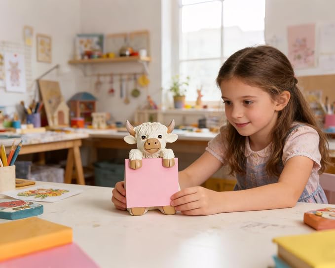 Highland Cow Pop-Up Sticky Note Dispenser for 3 x 3 in Notes, Beige | Includes 100 sheets, handmade resin desk decor for office, home or classroom, gift for teachers, coworkers and cow lovers