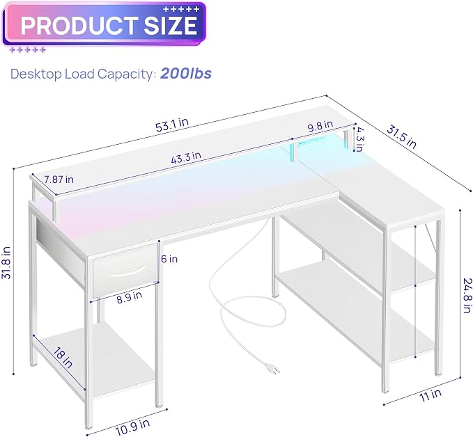 Alpen Computer Desk, L Shaped Desk for Gaming, Home Office Desk with LED Lights, Reversible Corner Desk with Shelves and Drawer, PC Desk for Living Room, Bedroom, 53 Inch, White