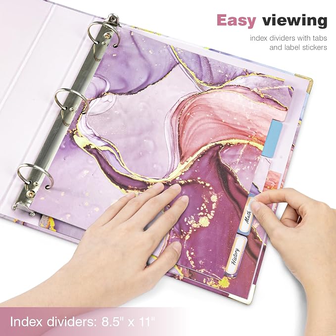 Ospelelf 3 Ring Binder 1.5 Inch, Pink Clipboard Organizer for Letter Size Documents (11" x 8.5") with 5 Tab Dividers, File Folder Labels, Paper Marble Binders for School and Office Supplies