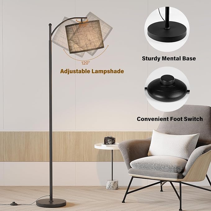 SUNMORY Arc Floor Lamp, Modern Floor Lamp with 3 Color Temperatures Bulb | 12W Metal Standing Lamps with Adjustable Hanging Lampshade, Tall Floor Lamps for Living Room, Bedroom, Office