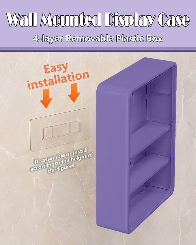 Wall Mounted Display Case for Figures, 15.75" High, Shadow Box with Shelves | Hanging Trinket Display Shelf for Collectibles Action Doll Blindboxes Storage, 4-Layer Purple Shelf with Magnetic Door 1 Pack