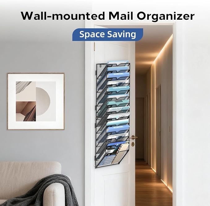 14-Tier Wall File Organizer and Hanging File Organizer, Black | Wall Organizer and Wall Mounted File Holder with 14 Pockets and Label Panels for Files, Mail, Folders, Magazines and Paper