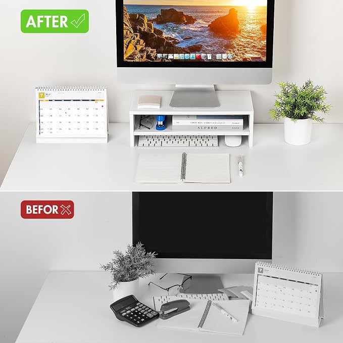 BEYGORMMonitor Stand Riser, White, 16.5 inch, 2 Tiers Wood Desk Shelf | Computer Screen Stand with Storage, For Desktop Laptop/Screen/TV/PC/Printer 16.5"L x 7.8"W x 5.2"H