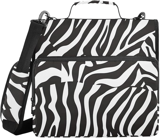 Zebra Print Black White 3 Ring Binder Bag 1.5 inch Binder Organizer with Zipper Shoulder Strap 500 Sheet Documents Storage for School Office