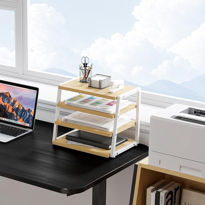 Fenge Desk Shelf Organizer, 4-Tier Tower Desktop Office Shelves, Oak | Wood and Metal Open Shelf, Corner File Organizer for Office Supplies, Top of Desk Organizers and Accessories