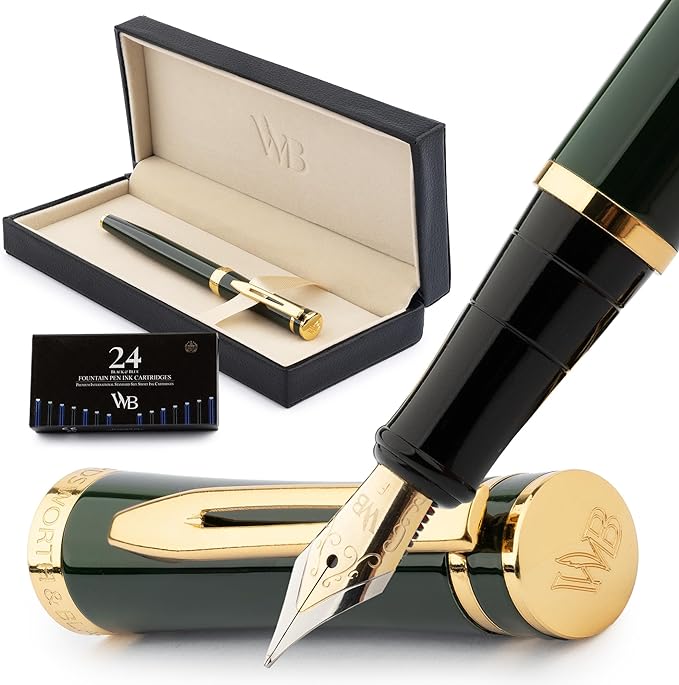 Wordsworth & Black Fountain Pen Set, 18K Gilded Fine Nib, Includes 24 Pack Ink Cartridges, Ink Refill Converter & Gift Box, Gold Finish, Calligraphy, [Racing Green], Perfect for Men & Women