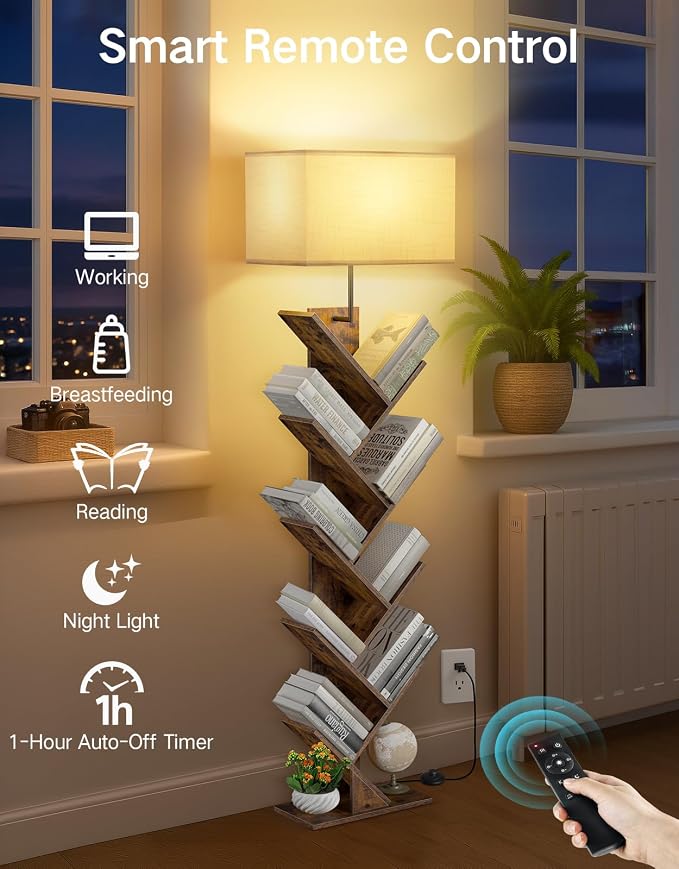9 Tier Tree Bookshelf with Light, Remote & Timer, Modern Tall Floor Standing Book Shelf, Narrow Wood Bookcase, Small Book Organizer Shelves for Living Room, Bedroom, Office