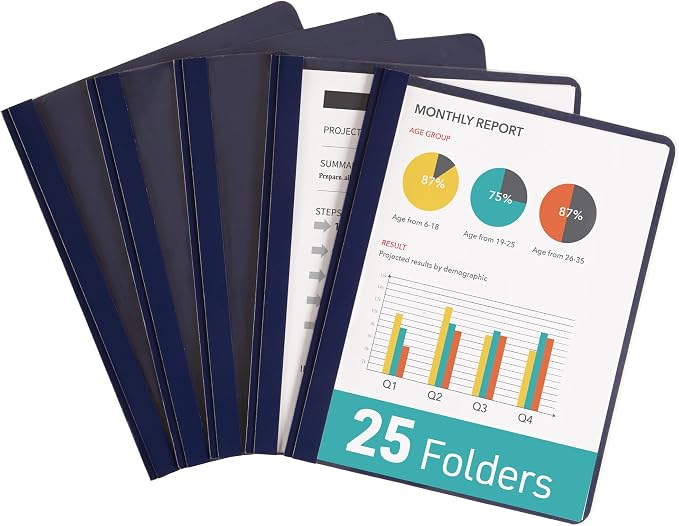 Avery® Durable Clear Front Report Covers, 3 Double-Prong Fasteners, Holds up to 25 Sheets, 25 Blue Covers (47961)