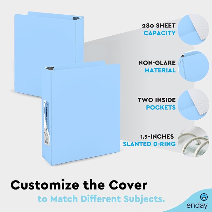 Enday 1.5 Inch Binder - 1.5 Inch 3 Ring Binder, Round Ring Pastel with Clear View Cover for Letter Size 8.5 x 11'' Paper & 2 Inside Pockets, for School Supplies, Office, & Home - 4 Pack