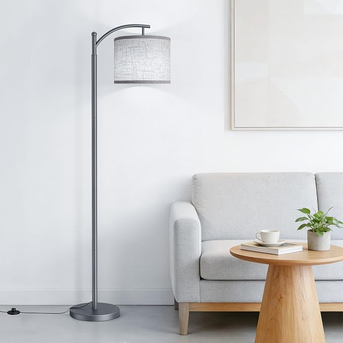 Floor Lamp for Living Room with 3 Color Temperatures LED Bulb, Standing Lamp Tall Industrial Floor Lamp Reading for Bedroom, Office (9W LED Bulb, Beige Lampshade Included) -Grey
