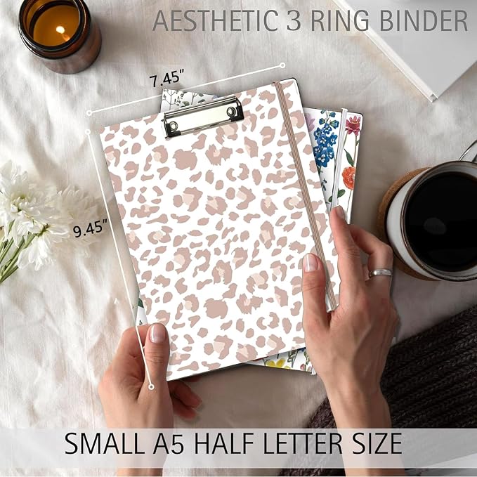 Mini 3 Ring Binder 1 Inch for 5.5"x8.5" Paper, Cute Small Three Ring Binders with Clipboard,5-Tab Dividers, Interior Pocket, Spine ID Label Holder, BVSSX A5 Binder with Pen Holder,Leopard