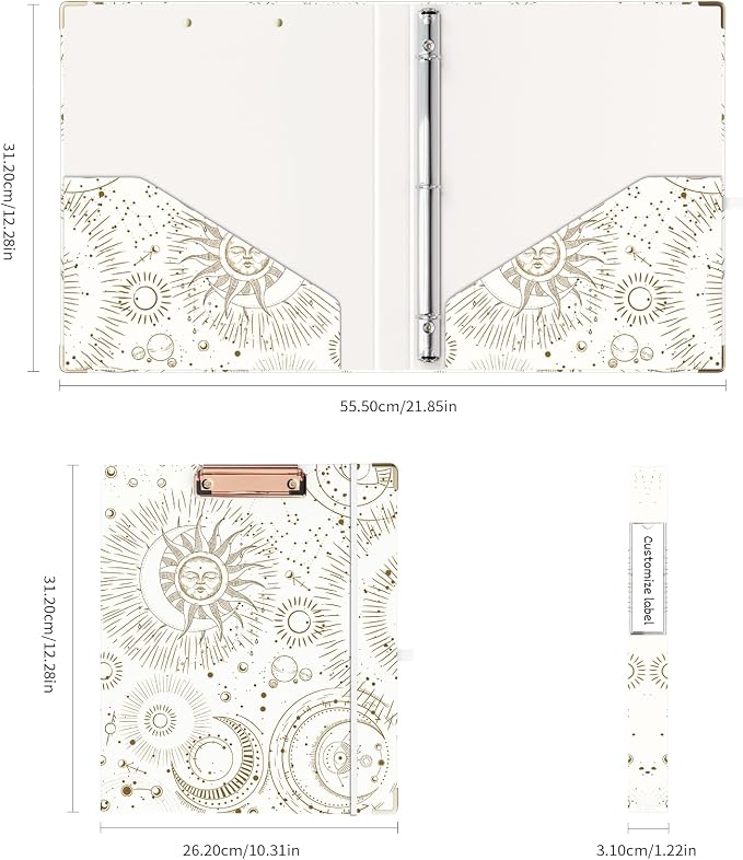 Ospelelf 3 Ring Binder, 1/2 Inch, Cute Letter Size (11" x 8.5") with 5 Tab Dividers, File Folder Labels and Low Profile Clipboards, Tarot Cards Binder for School and Office Supplies